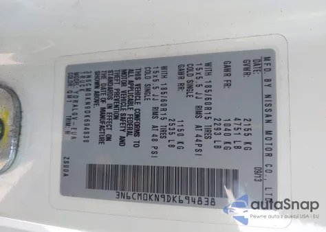 2013 Nissan Nv200 Sv from USA, damaged, VIN 3N6CM0KN9DK694838